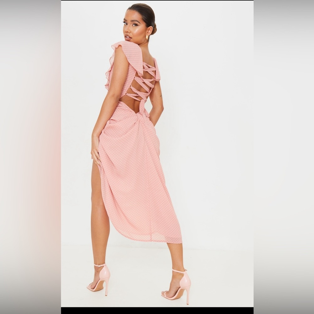Pink polka dot lace up back mini dress